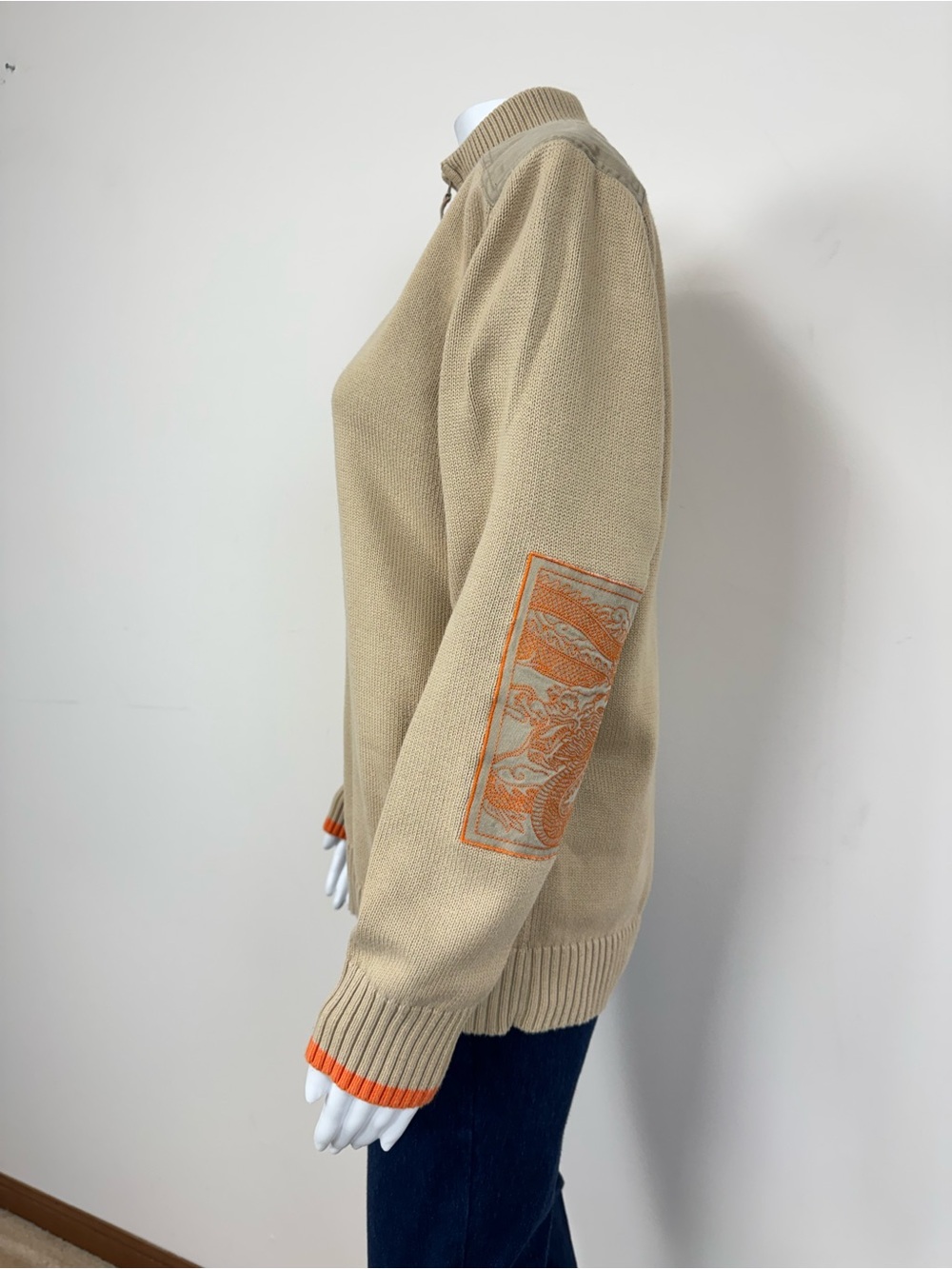Shanghai Tang Cotton Quarter Zip Sweater Beige Orange Dragon Patch Embroidery - Picture 8 of 10